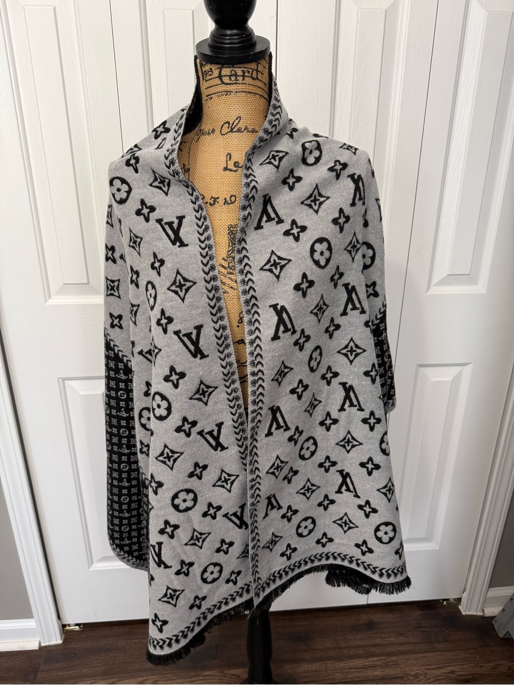 Designer Inspired Gray & Black Monogram Shawl/Scarf